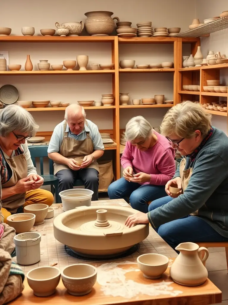A photograph capturing a pottery class in session at AAB Community Center, showcasing participants molding clay with guidance from an instructor.