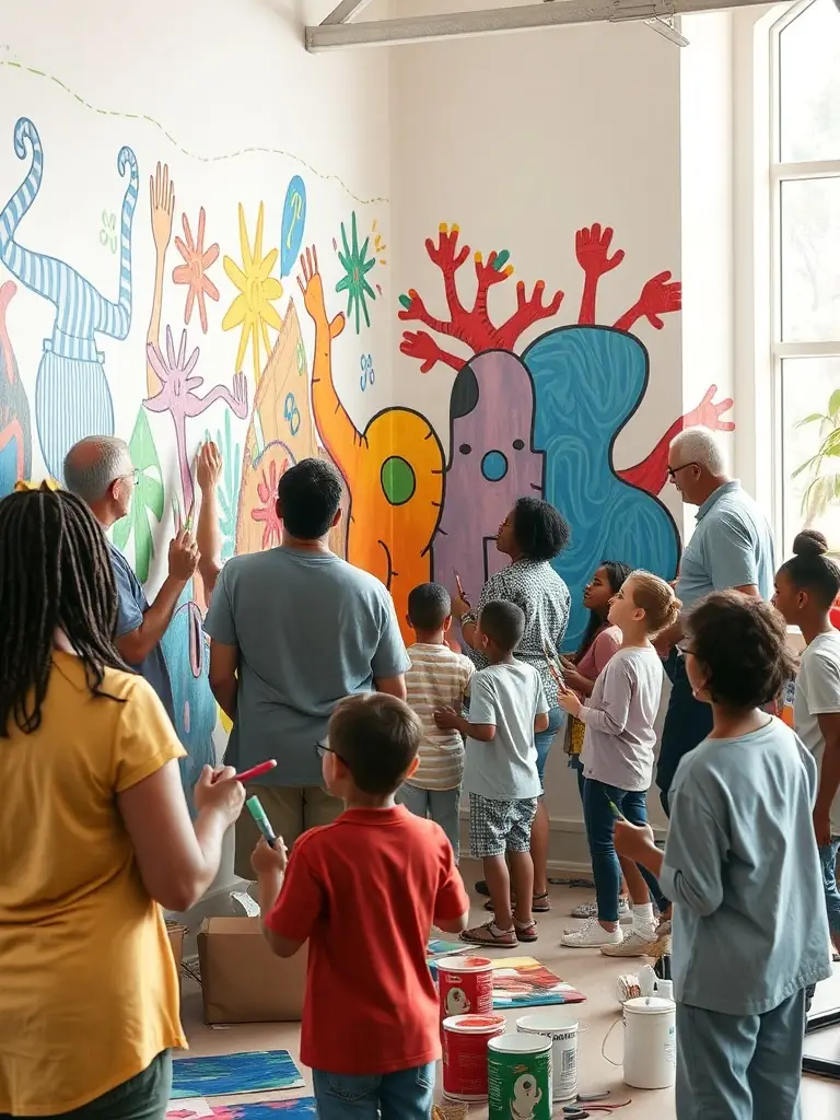 A photo of a community art project in progress at AAB Community Center, showing diverse individuals collaborating on a large mural.