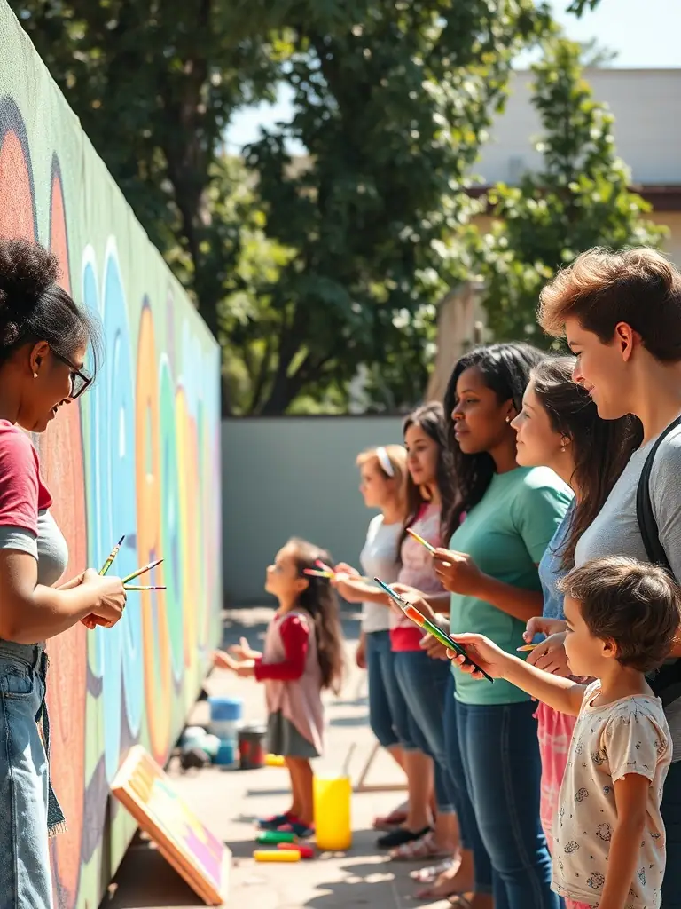A vibrant scene of community members collaborating on a large-scale mural project in the AAB Community Center's outdoor space.
