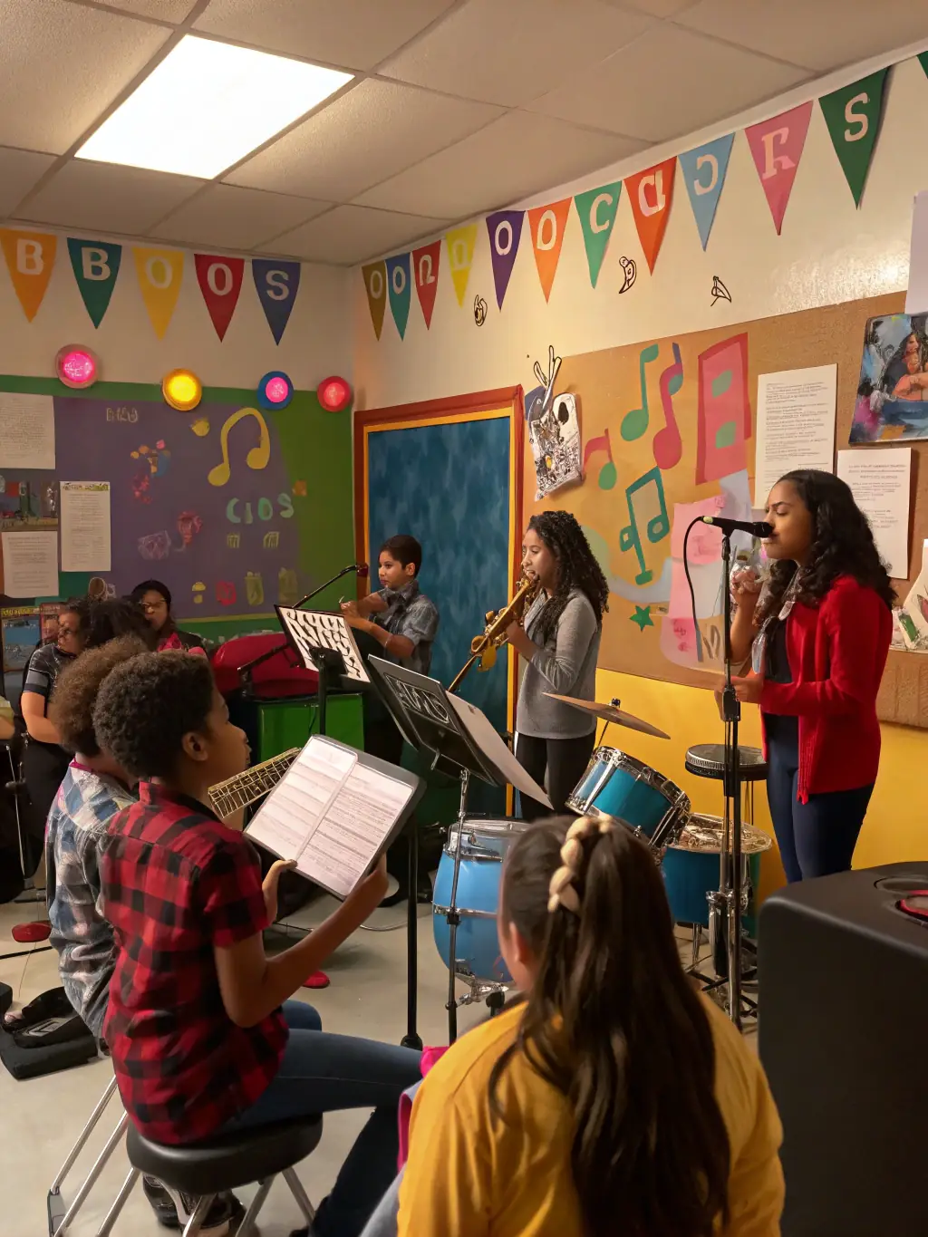 A lively scene from a music session at AAB Community Center, with participants playing various instruments and singing together.