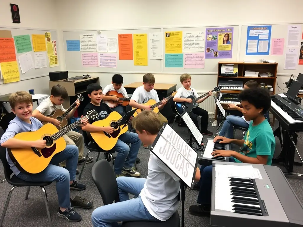 A photograph depicting a group of children participating in a music class at AAB Community Center, with instruments such as drums, guitars, and keyboards. The image should capture the excitement and enthusiasm of the children as they learn and create music together.
