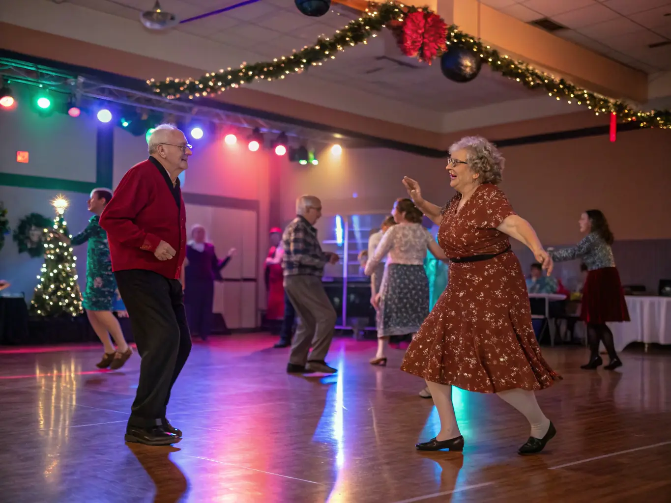 A photograph capturing a lively community gathering at AAB Community Center, with people of all ages participating in a cultural dance performance. The image should convey a sense of joy, inclusivity, and community spirit.