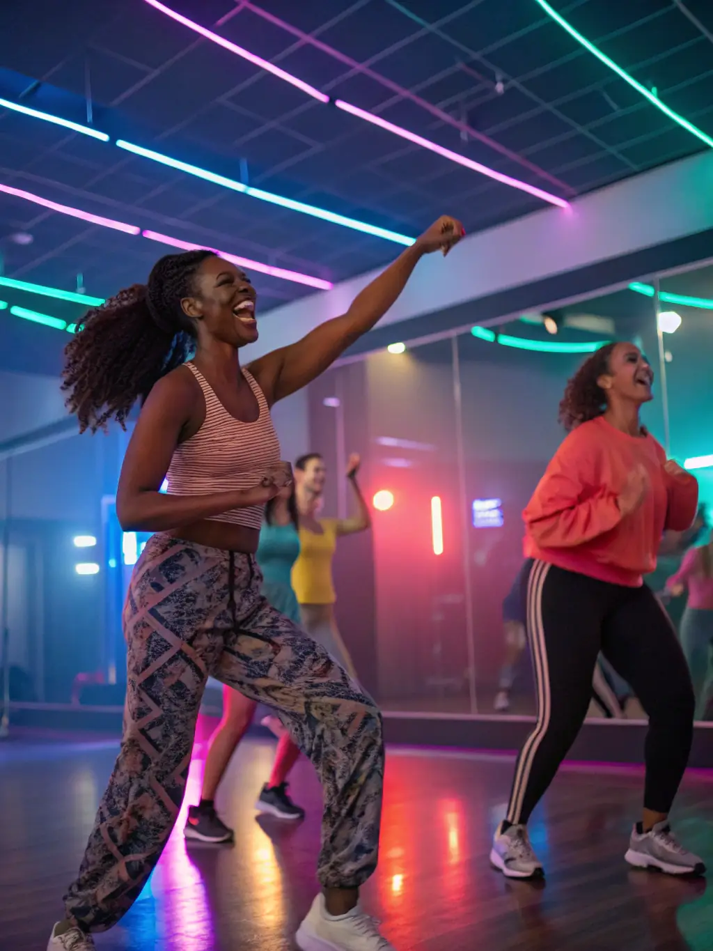 A dynamic image of a dance class at AAB Community Center, featuring participants of various ages learning a choreographed routine.