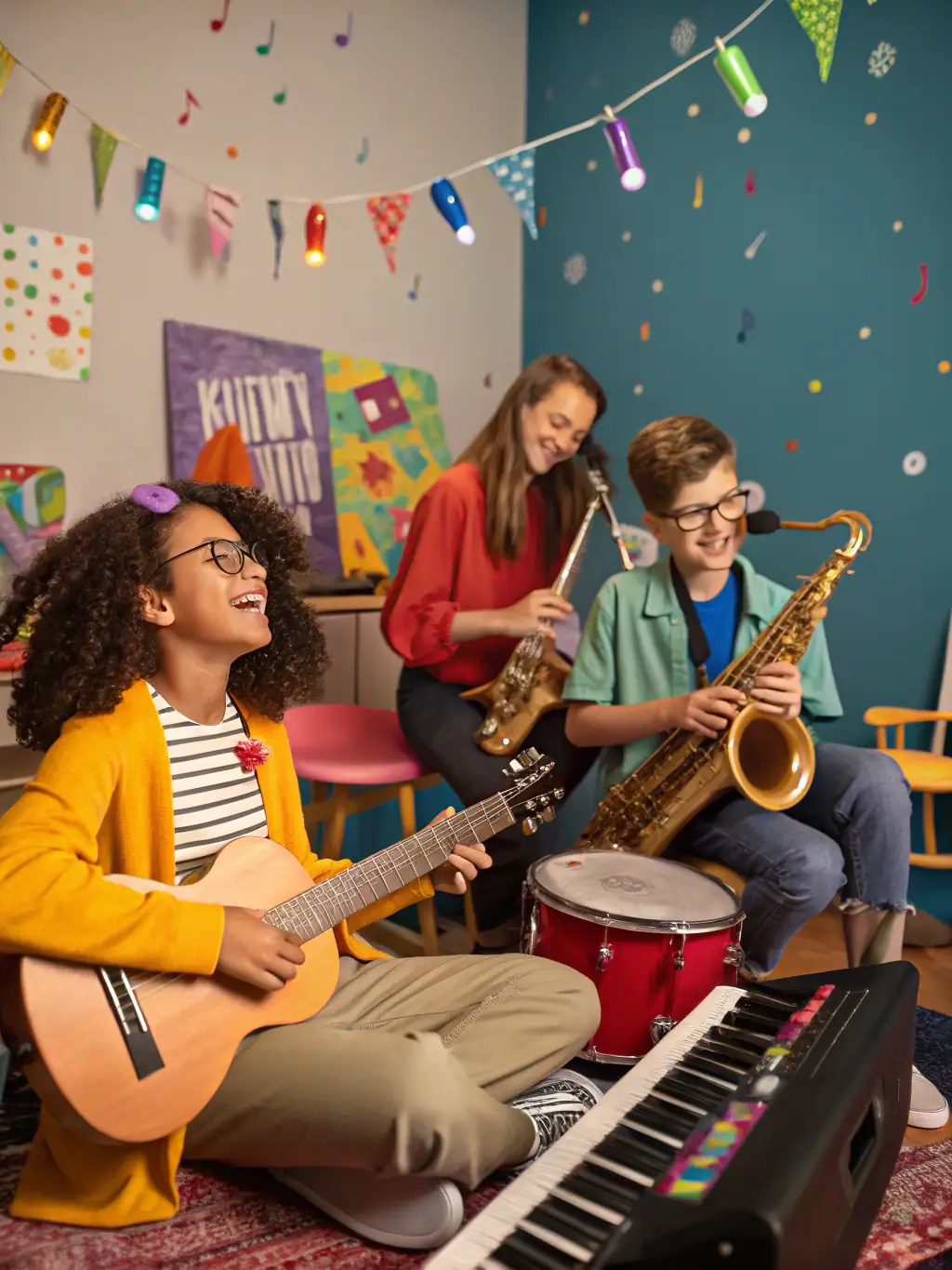 A diverse group of adults learning to play various musical instruments during a music workshop at the AAB Community Center.