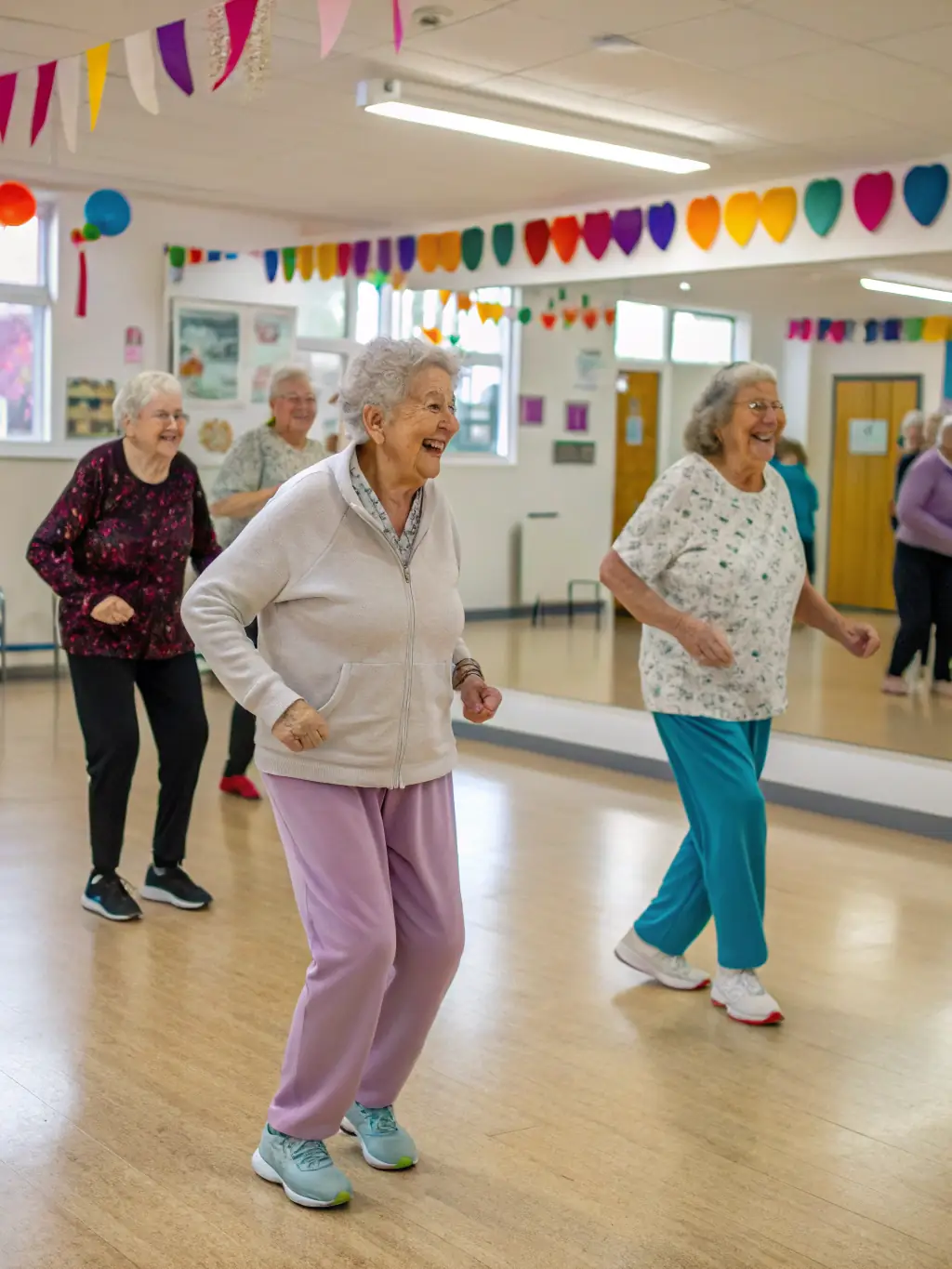 A dance instructor leading a lively dance class for seniors at the AAB Community Center, promoting fitness and social interaction.