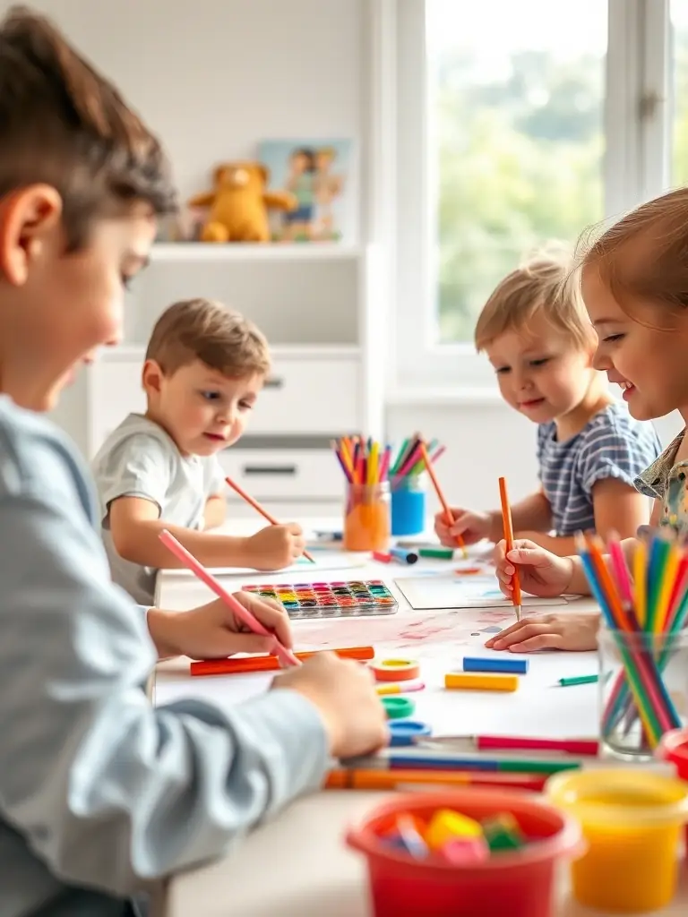 A group of children enthusiastically participating in a painting workshop at the AAB Community Center, with colorful artwork displayed in the background.